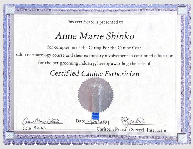 Anne Marie Shinko Certified Canine Esthetician Certificate